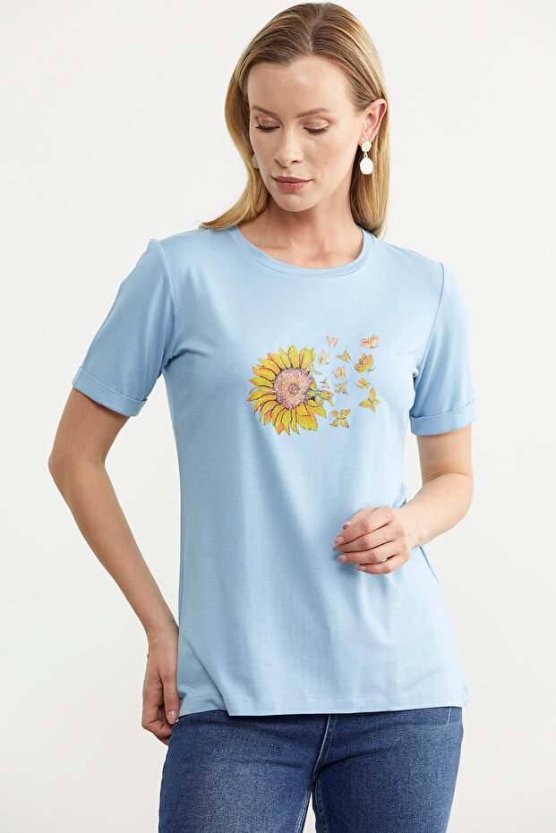 Baskılı Basic Penye Tişört - Mavi - 4