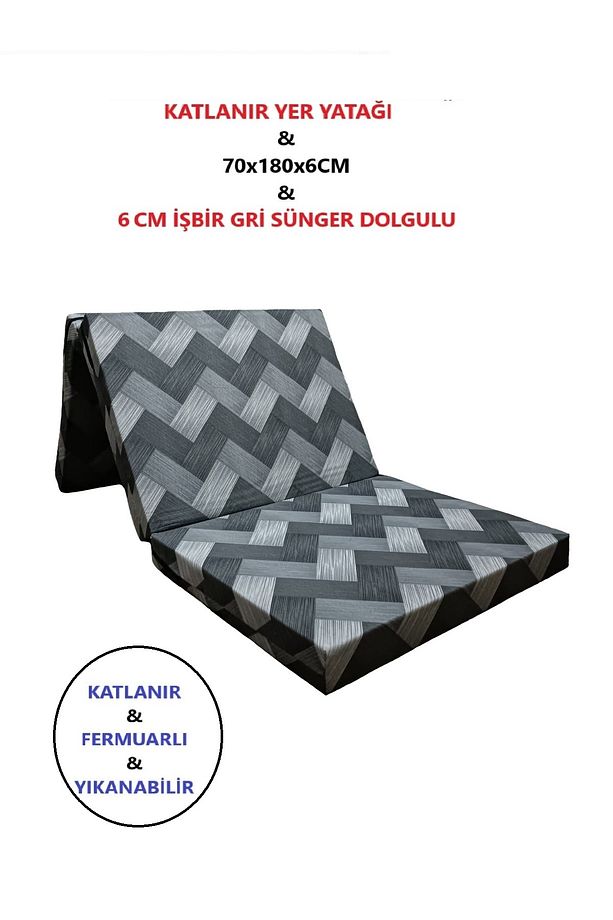 Katlanır Yer Yatağı Tek Kişilik Sünger Minder Yatak 70x180 X 6 CM GRİ KALIN SÜNGER  GRİ ÇİZGİLİ - 1