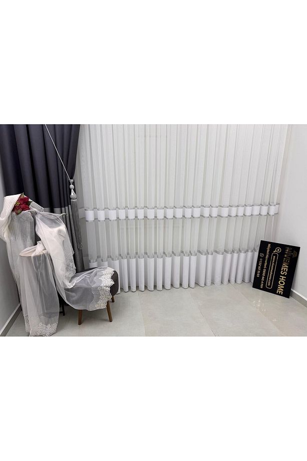 Nivemeshome Gri Geçişli Şeritli Kırışmaz Tül Perde 1/2,5  Pile - 5
