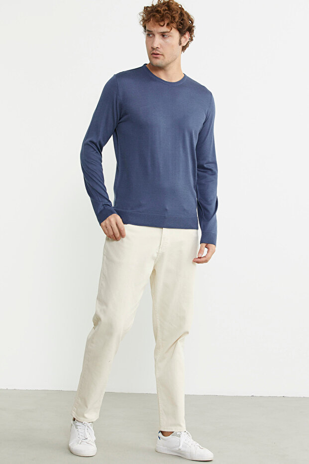 Erkek Sıfır Yaka Basic Triko Kazak - Indigo - 2