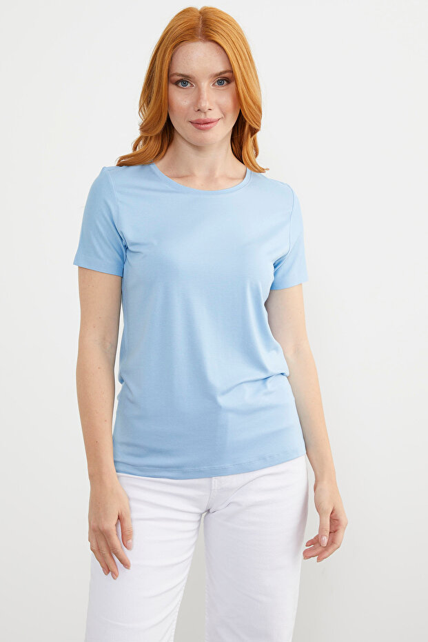 Sıfır Yaka Kısa Kol Basic Tişört - Mavi - 1