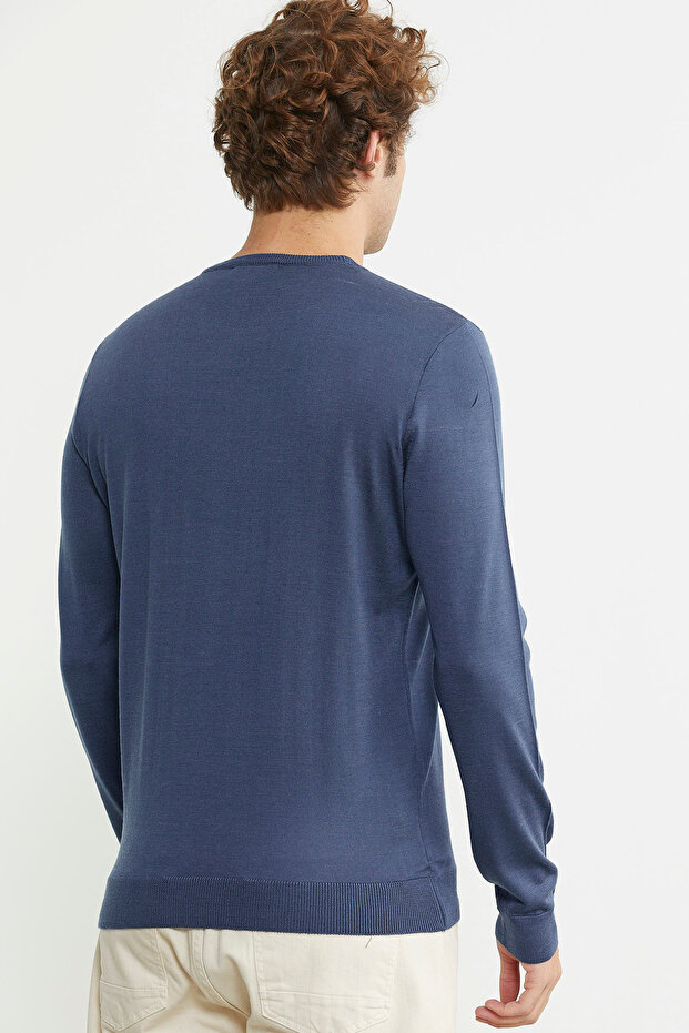 Erkek Sıfır Yaka Basic Triko Kazak - Indigo - 5