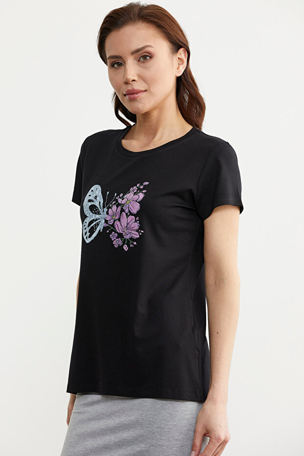 Tricou Negru Basic - Imprimat Fluture - 2