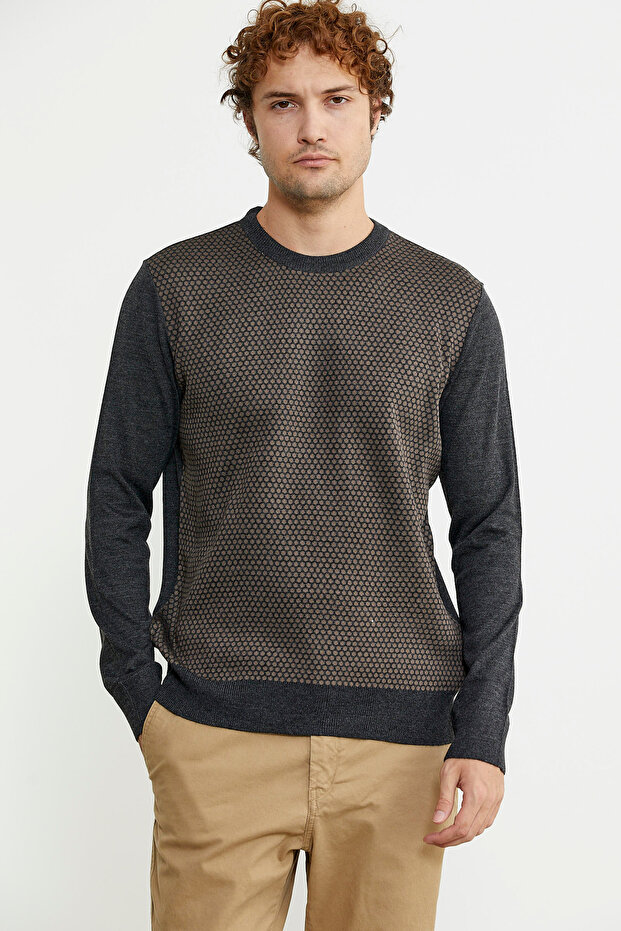 Sıfır Yaka Jakarlı Regular Fit Triko Kazak - Antrasit - 1