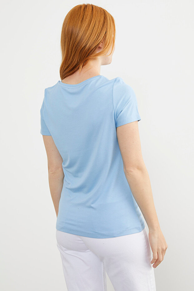 Sıfır Yaka Kısa Kol Basic Tişört - Mavi - 6