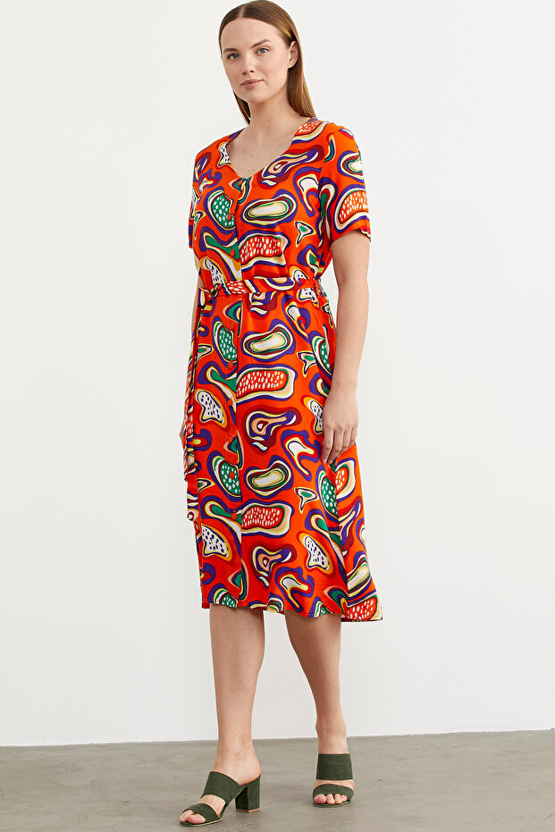 فستان فيسكوز منقوش بأزرار أمامية - برتقالي - 4