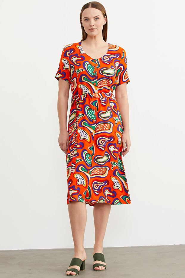 فستان فيسكوز منقوش بأزرار أمامية - برتقالي - 1