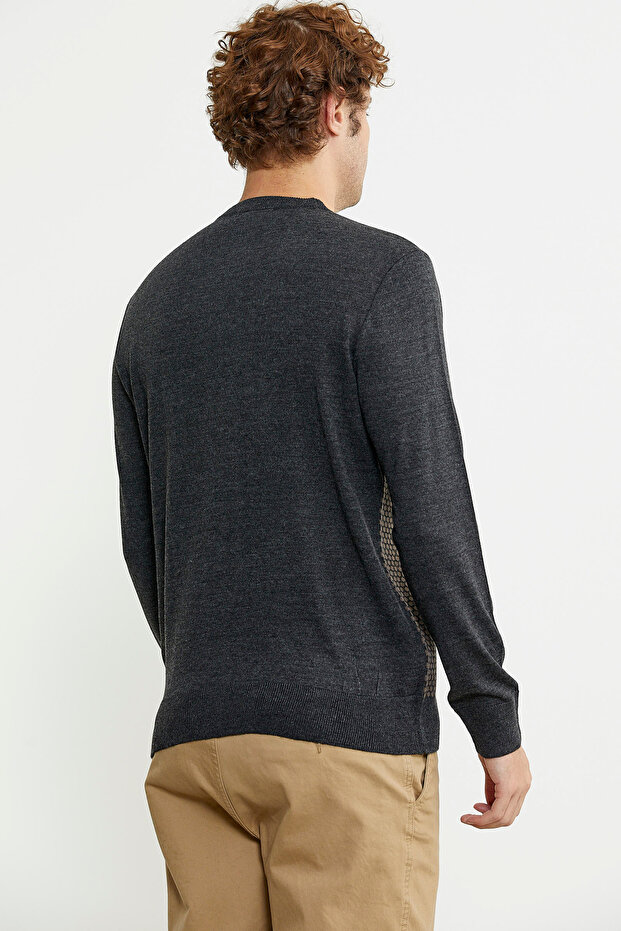 Sıfır Yaka Jakarlı Regular Fit Triko Kazak - Antrasit - 6