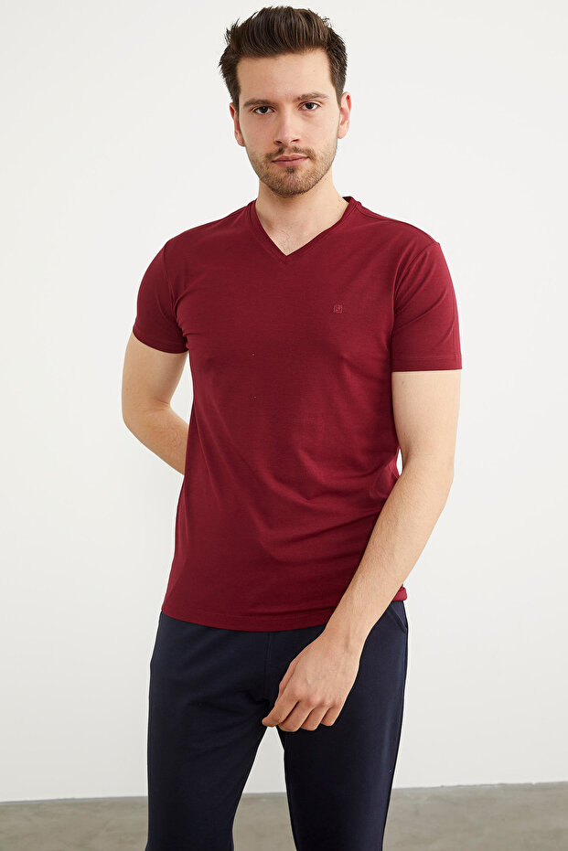 V Yaka Basic Kısa Kol Tişört - Bordo - 2
