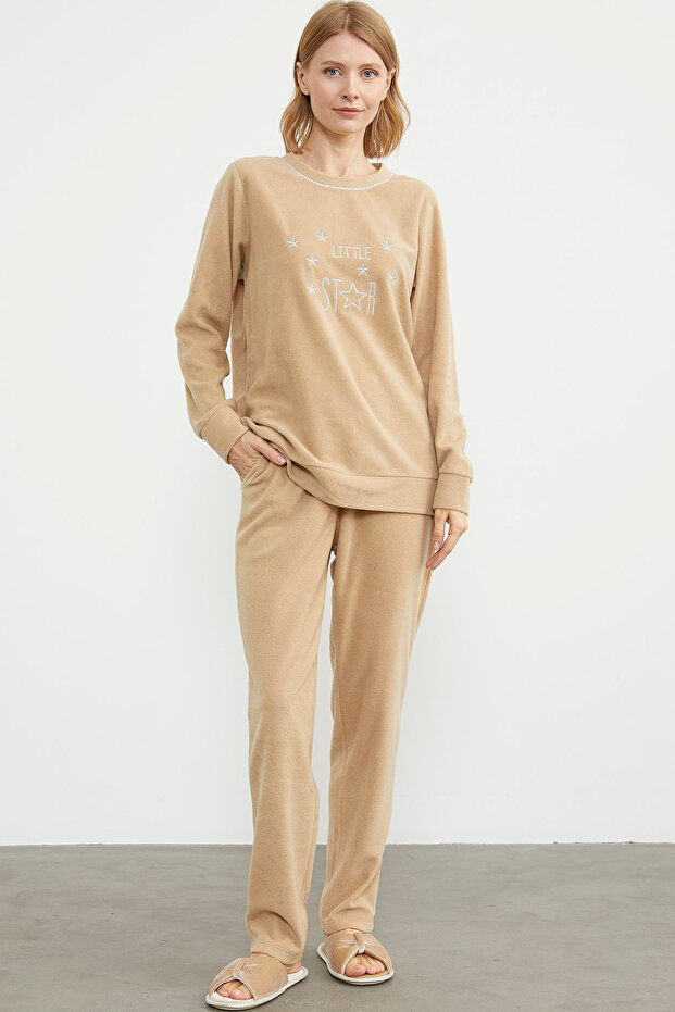Embroidery Detailed Fleece Pajama Set - Camel