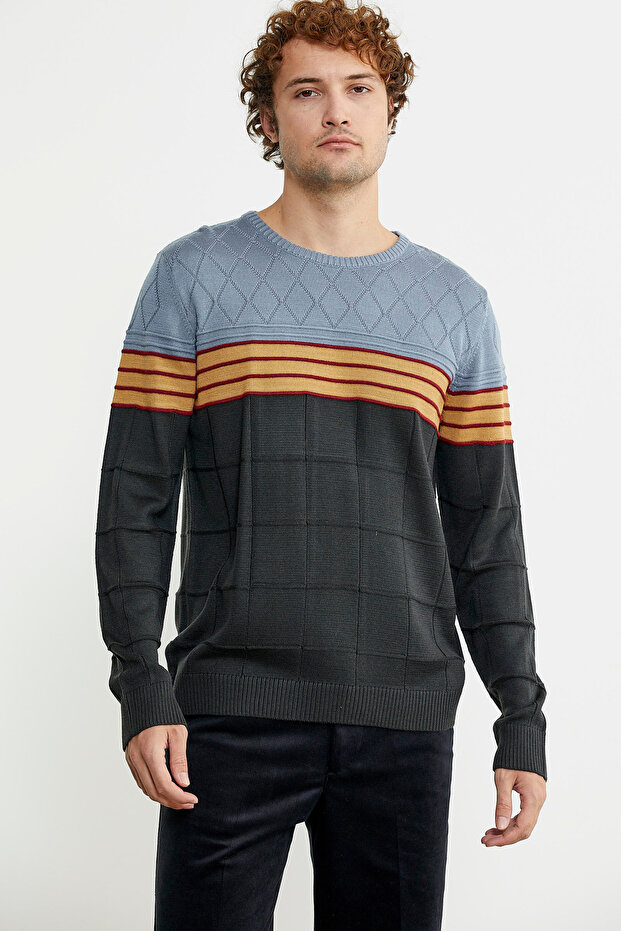 Anthracite Block Patterned Crew Neck Sweater - 3
