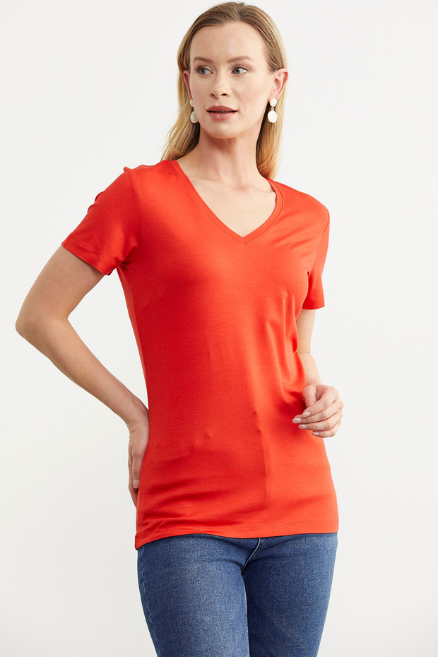 V Yaka  Dökümlü Basic Tişört - Mercan - 2