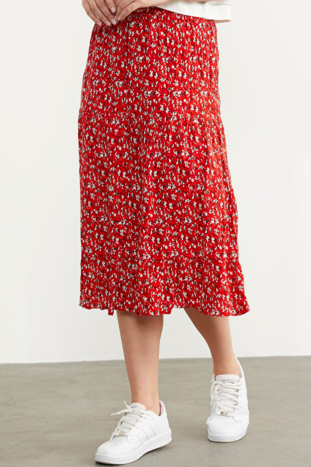 Elastic Front Buttoned Patterned Skirt - Red - 3