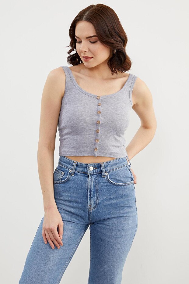 قميص داخلي قصير بأزرار وأشرطة سميكة - رمادي - 2