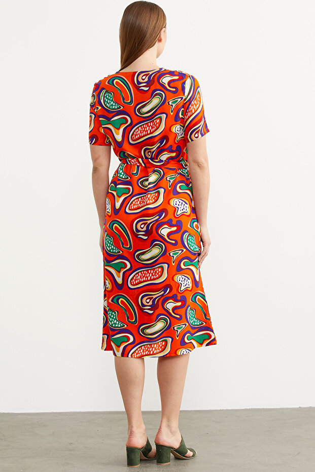 فستان فيسكوز منقوش بأزرار أمامية - برتقالي - 6