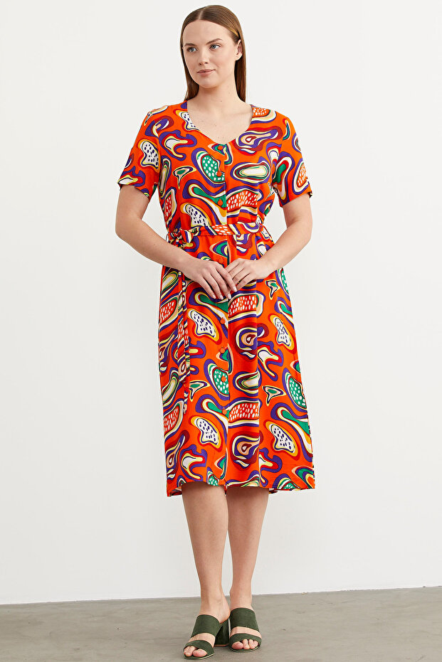 فستان فيسكوز منقوش بأزرار أمامية - برتقالي - 3