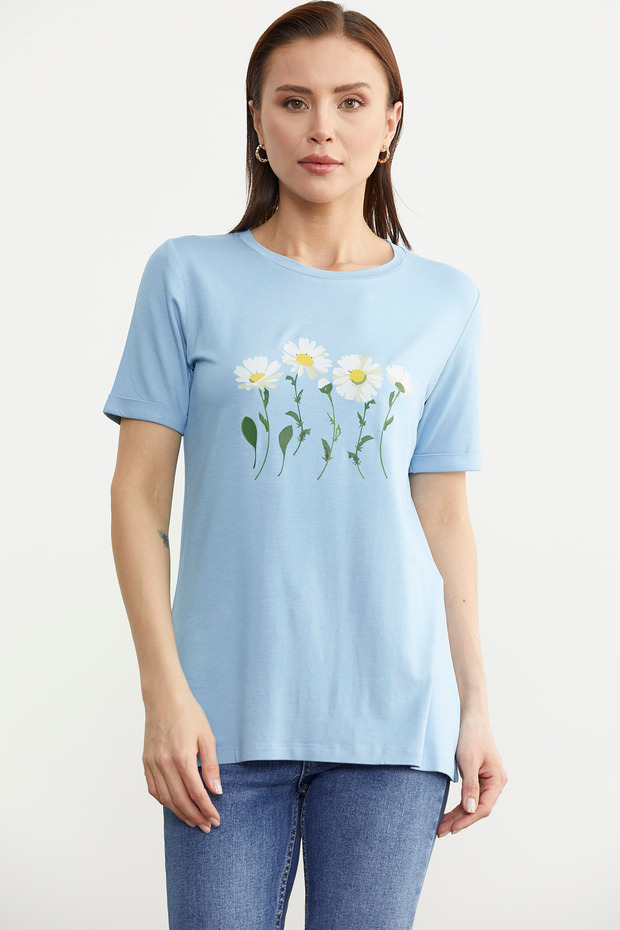 Μπλε Basic T-Shirt - Daisy Printed - 1