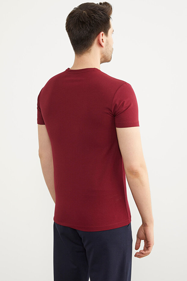 V Yaka Basic Kısa Kol Tişört - Bordo - 4