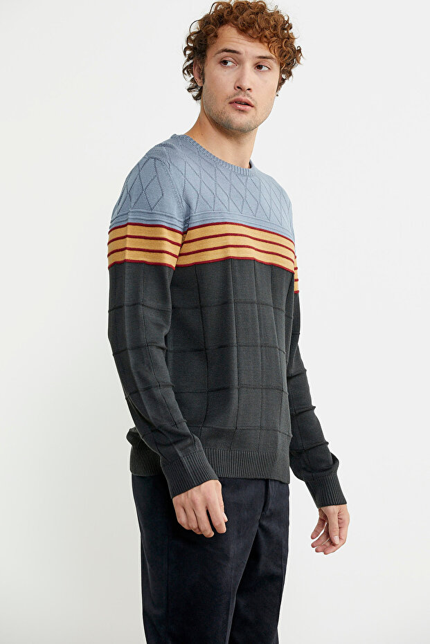 Anthracite Block Patterned Crew Neck Sweater - 4