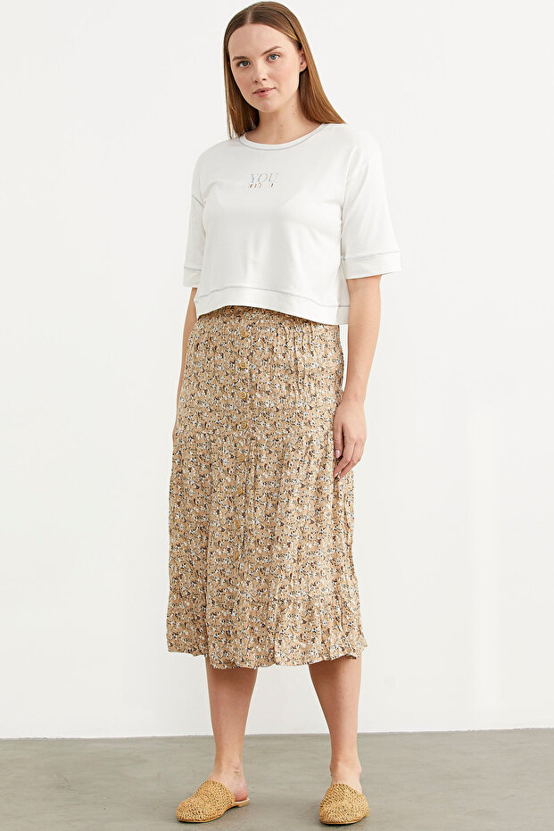 تنورة منقوشة بأزرار أمامية مرنة - بني - 4