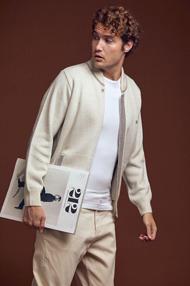 Color-Combined Wool Knitwear Coat with Pockets - Beige - Milk Coffee