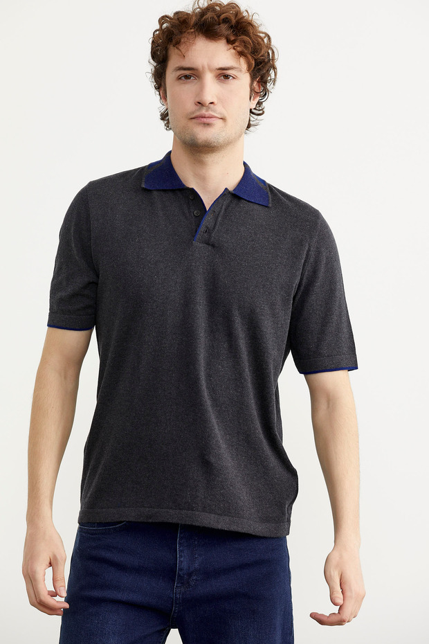 Cotton Polo Neck Short Sleeve Knitwear T-Shirt - Anthracite