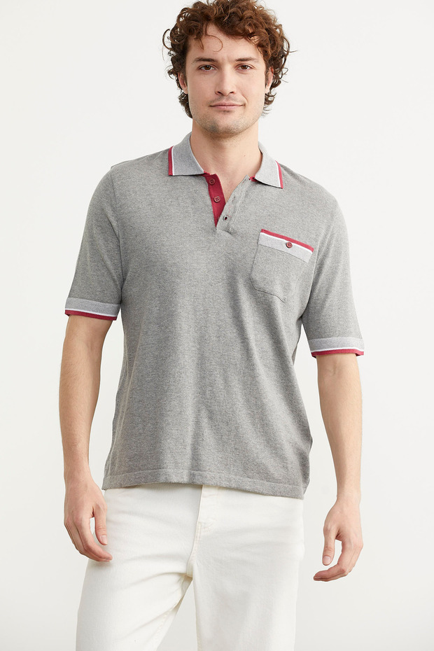Color Combination Pocketed Cotton Knitwear T-Shirt - Gray
