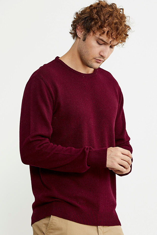 Basic Sıfır Yaka Triko Kazak - Bordo - 5