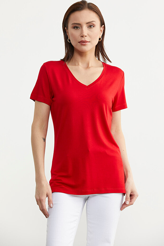 V Yaka  Dökümlü Basic Tişört - Kırmızı - 5