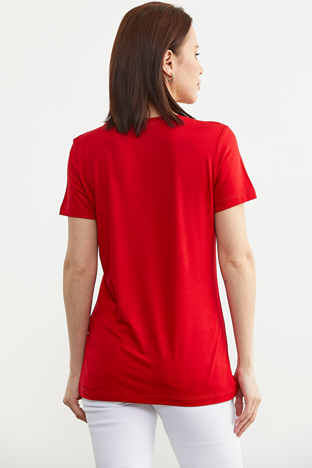 V Yaka  Dökümlü Basic Tişört - Kırmızı - 6