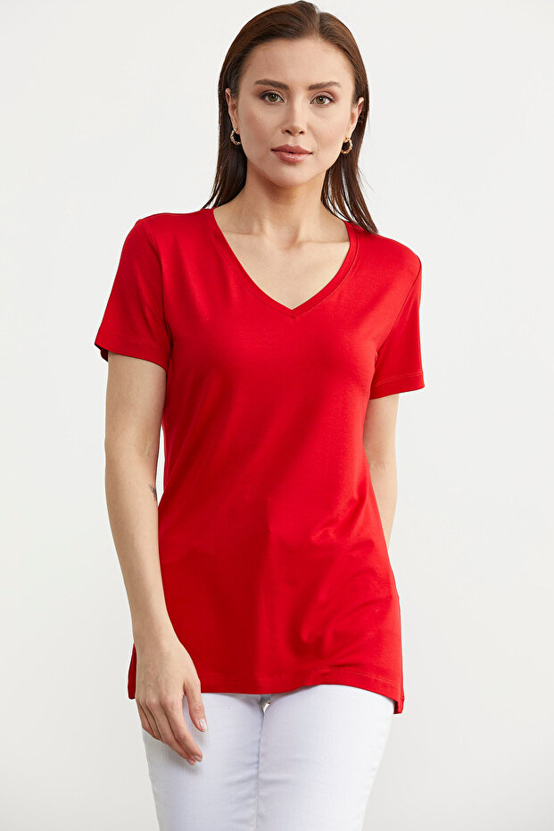 V Yaka  Dökümlü Basic Tişört - Kırmızı - 2