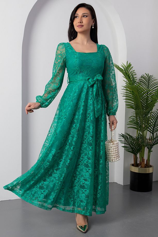 Kare Yaka Kemerli Dantel Elbise AP-0222 - 5