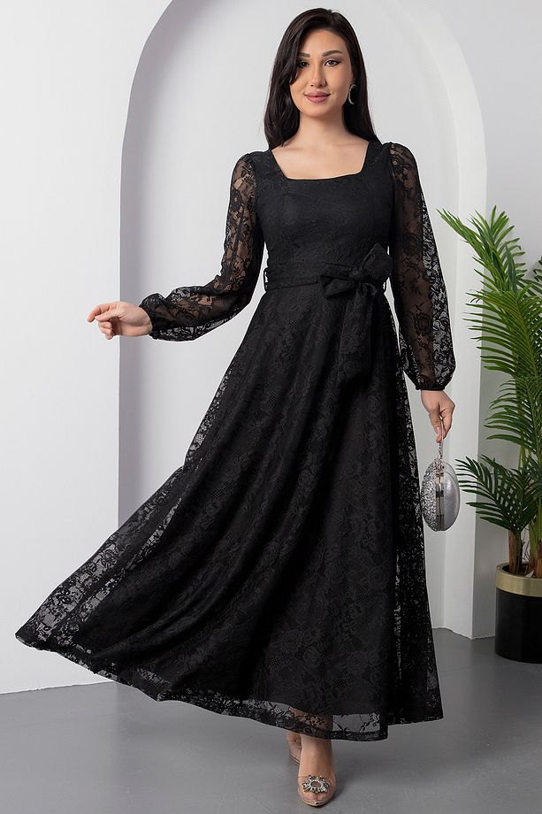 Kare Yaka Kemerli Dantel Elbise AP-0222 - 1