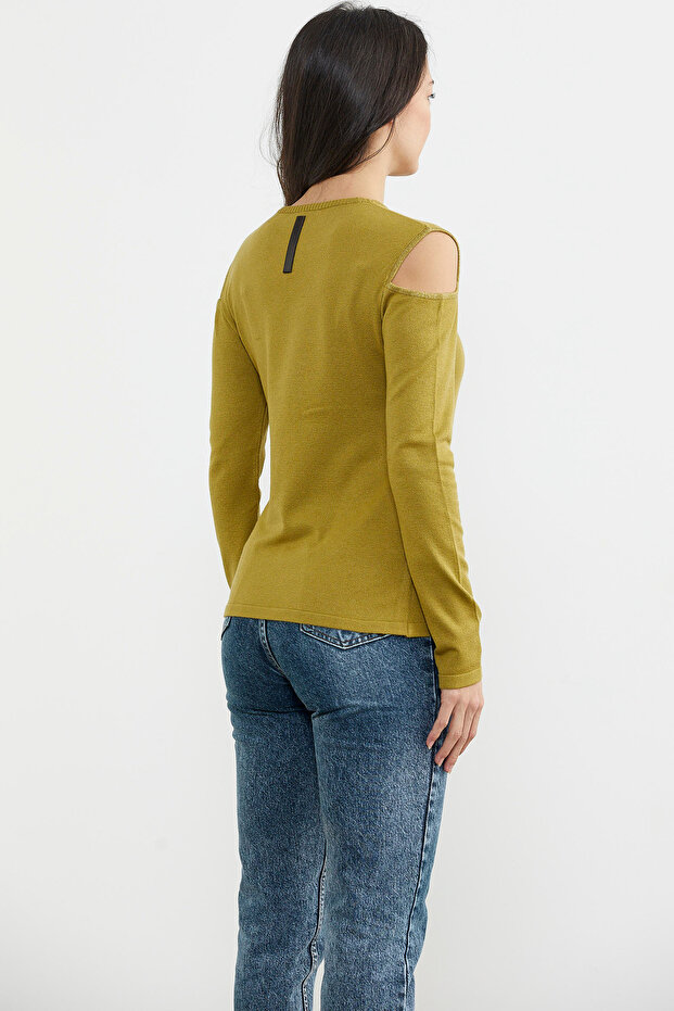 Omuzları Açık Basic Triko Kazak - Yeşil - 4