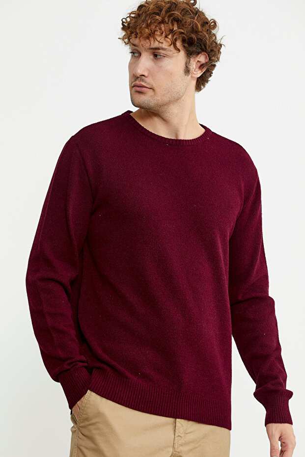 Basic Sıfır Yaka Triko Kazak - Bordo - 4