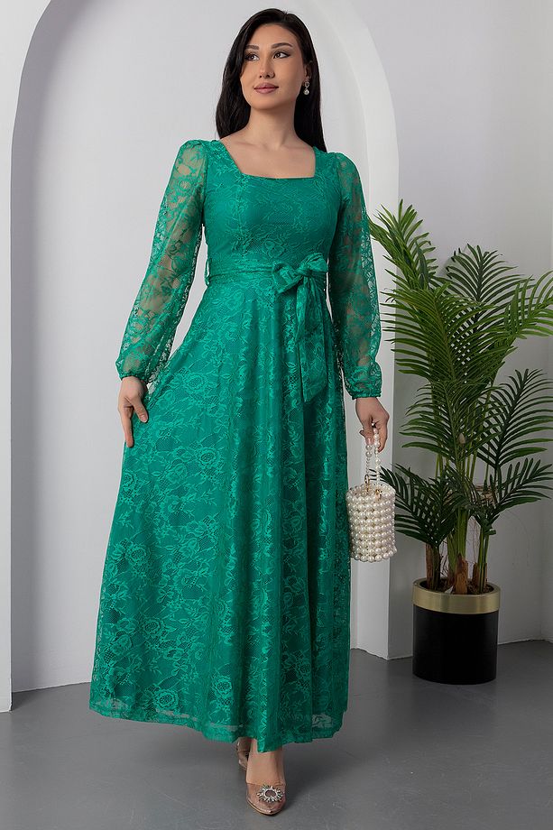 Kare Yaka Kemerli Dantel Elbise AP-0222 - 4