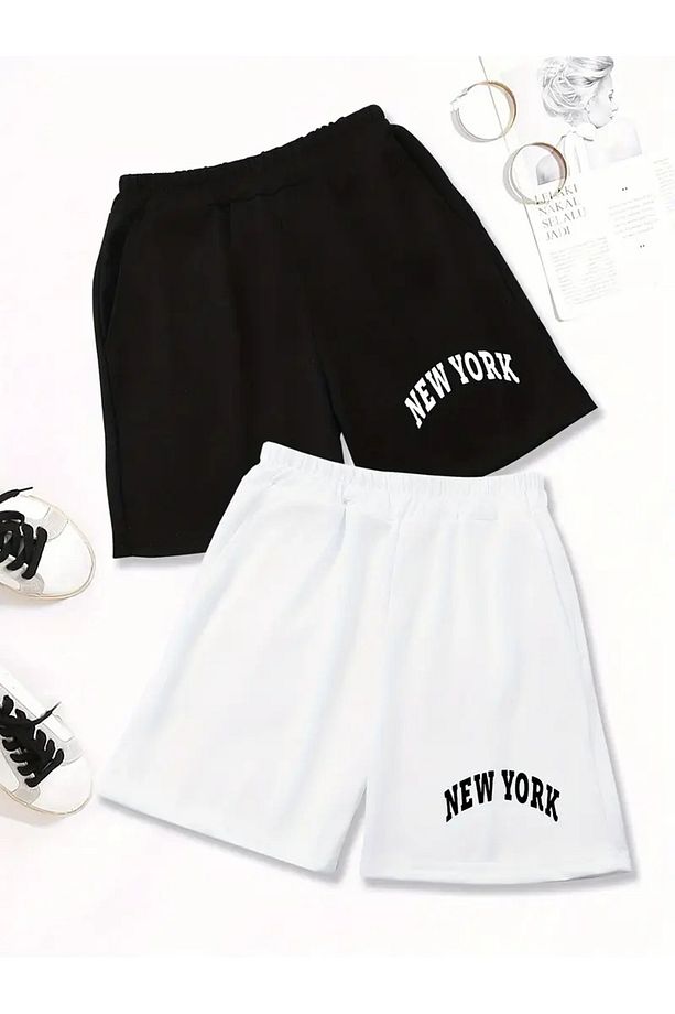 2'li New York Baskılı Basic Şort - 1