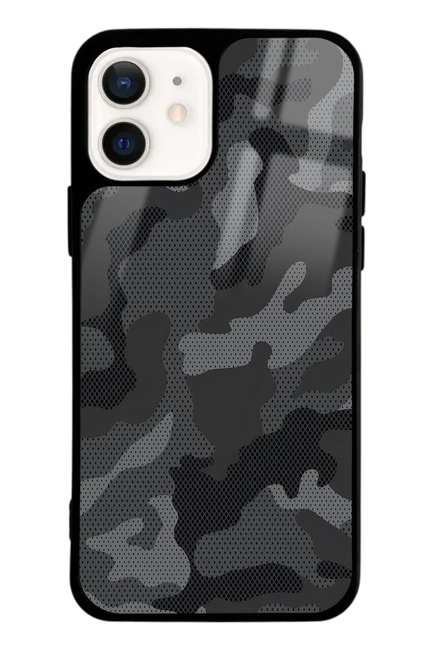 Glossy Phone Case for iPhone 12 Black Camouflage Design
