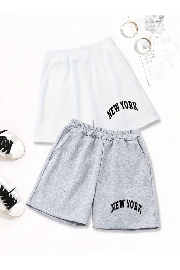 2'li New York Baskılı Basic Şort - 1