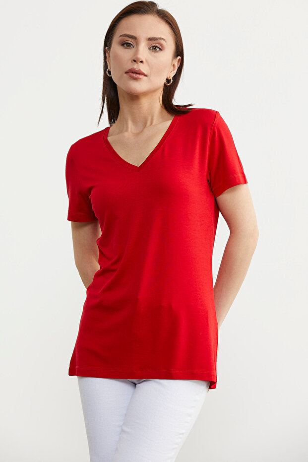 V Yaka  Dökümlü Basic Tişört - Kırmızı - 3