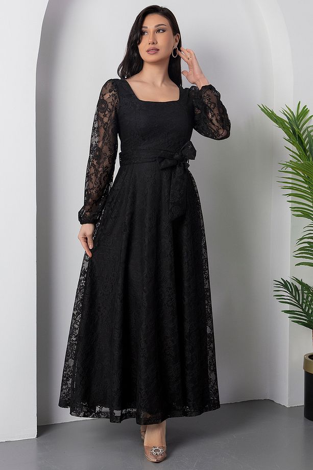 Kare Yaka Kemerli Dantel Elbise AP-0222 - 6