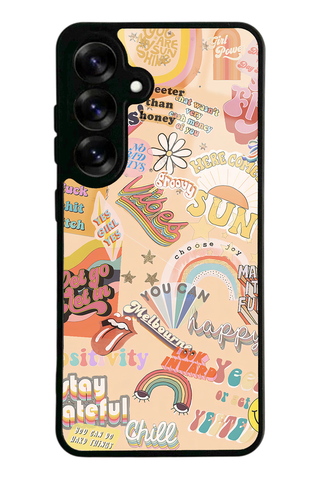 Samsung S25 Glossy Phone Case with Vintage Sticker Design