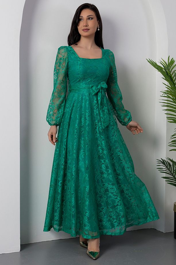 Kare Yaka Kemerli Dantel Elbise AP-0222 - 6