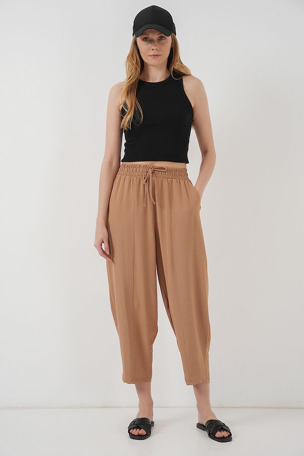 6591 Dokuma Şalvar Pantolon - Camel - 3