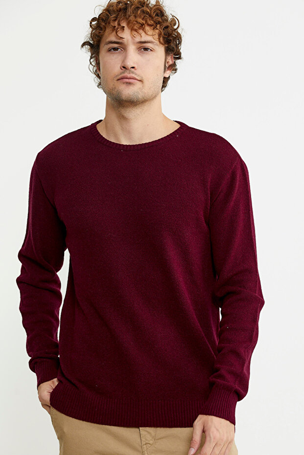 Basic Sıfır Yaka Triko Kazak - Bordo - 1