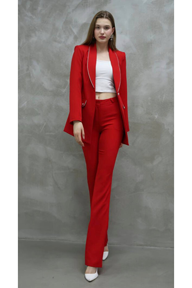 Klasyczny czerwony komplet kurtka i spodnie - srebrne detale - 1