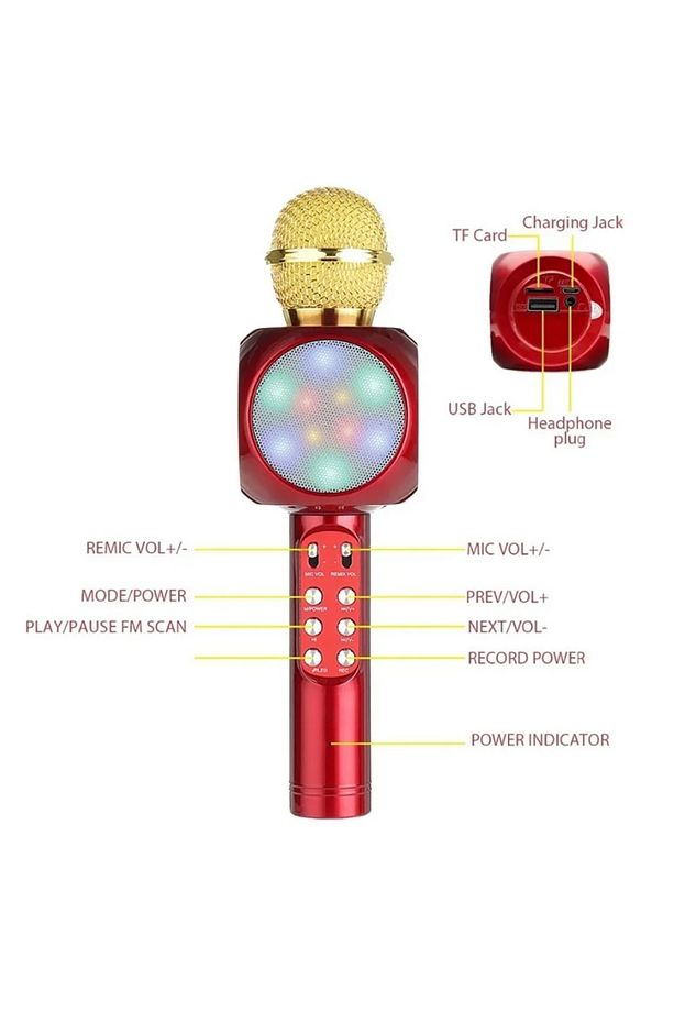 Karaoke Mikrofon Bluetooth Özellikli Çocuk Mikrofonu Karaoke Işıklı Mikrofon 1816 Kırmızı - 6