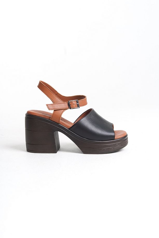 Hakiki Deri Siyah Taba 10 Cm Platform Ortopedik Tek Bant Kadın Sandalet - 1