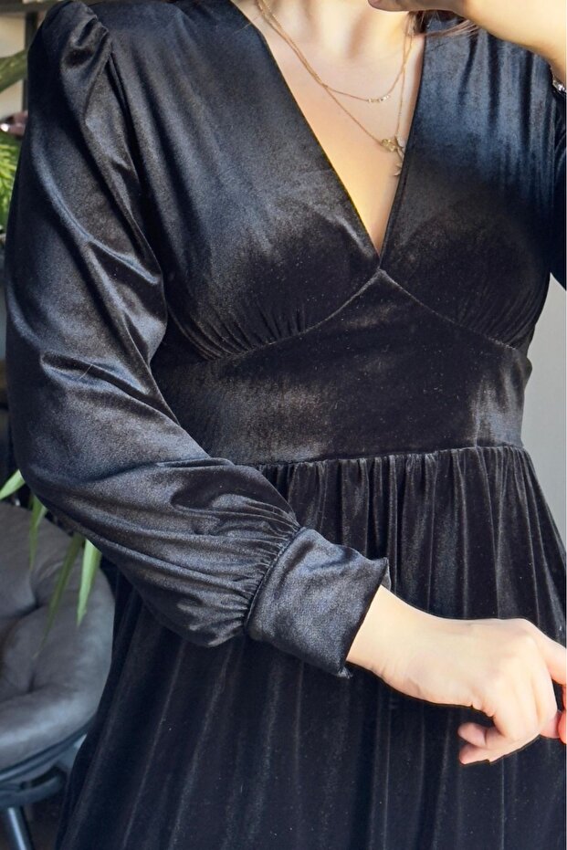 Kadife Mini Elbise -Siyah - 3