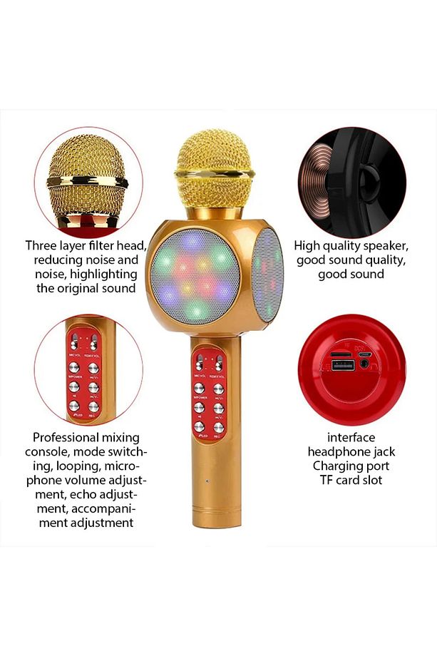 Karaoke Mikrofon , Bluetooth Özellikli Çocuk Mikrofonu Karaoke Işıklı Mikrofon 1816 Gold - 5